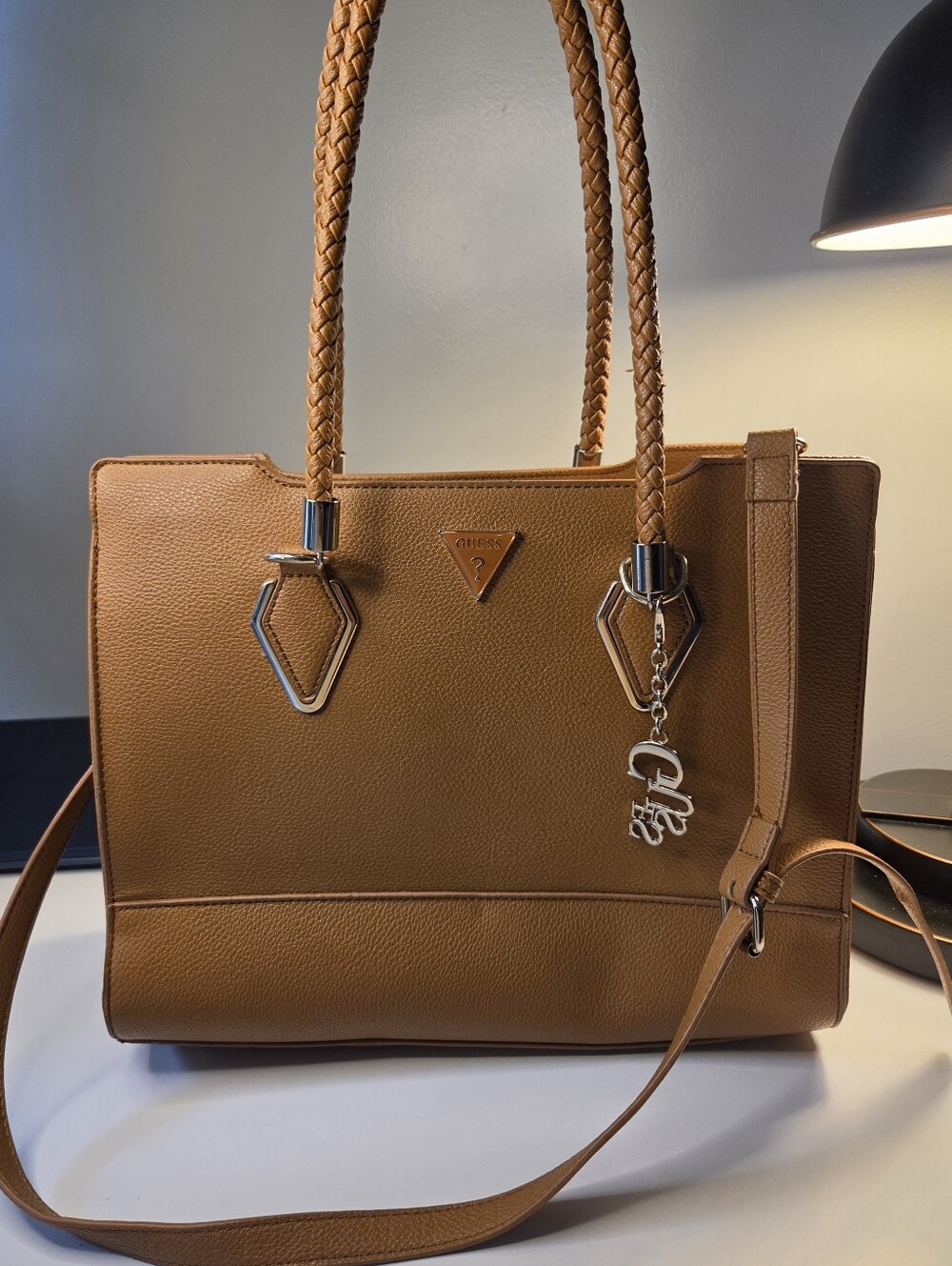 GUESS Cognac Brown Faux Leather Tote with Braided Handles